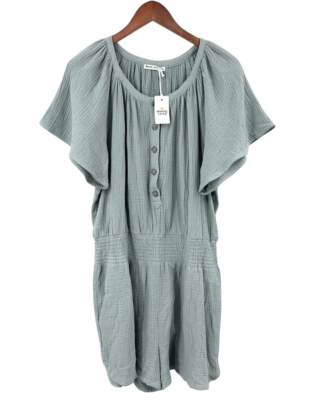 New MARINE LAYER Romper Double Cloth Cotton Cinched Waist Green